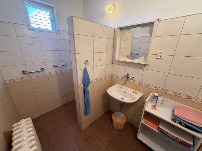 Kúpeľňa s umývadlom, nástenným zrkadlom, poličkou a sprchou v rodinnom dome.